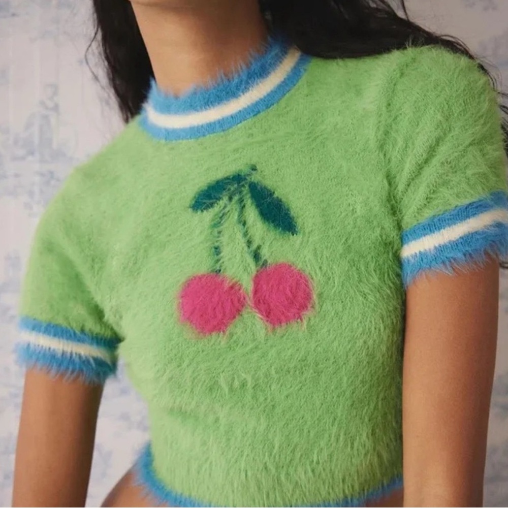 Kimchi Blue Green Fuzzy Crop Top with Pink Cherry Graphic and Blue Trim